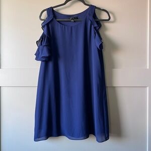 BCX Women Cold‎ Shoulder Ruffle Sheer Overlay Blouse Top Blue Size L Tunic
